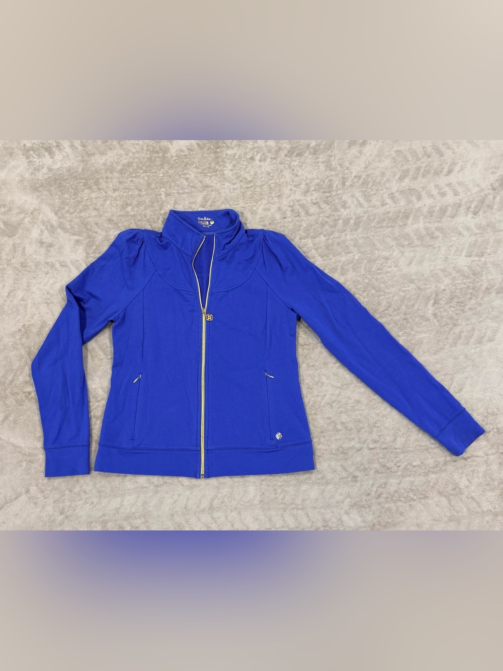 Lilly Pulitzer Luxletic Womens M Blue Full Zip Puff Sleeve Jacket Gold Hardware